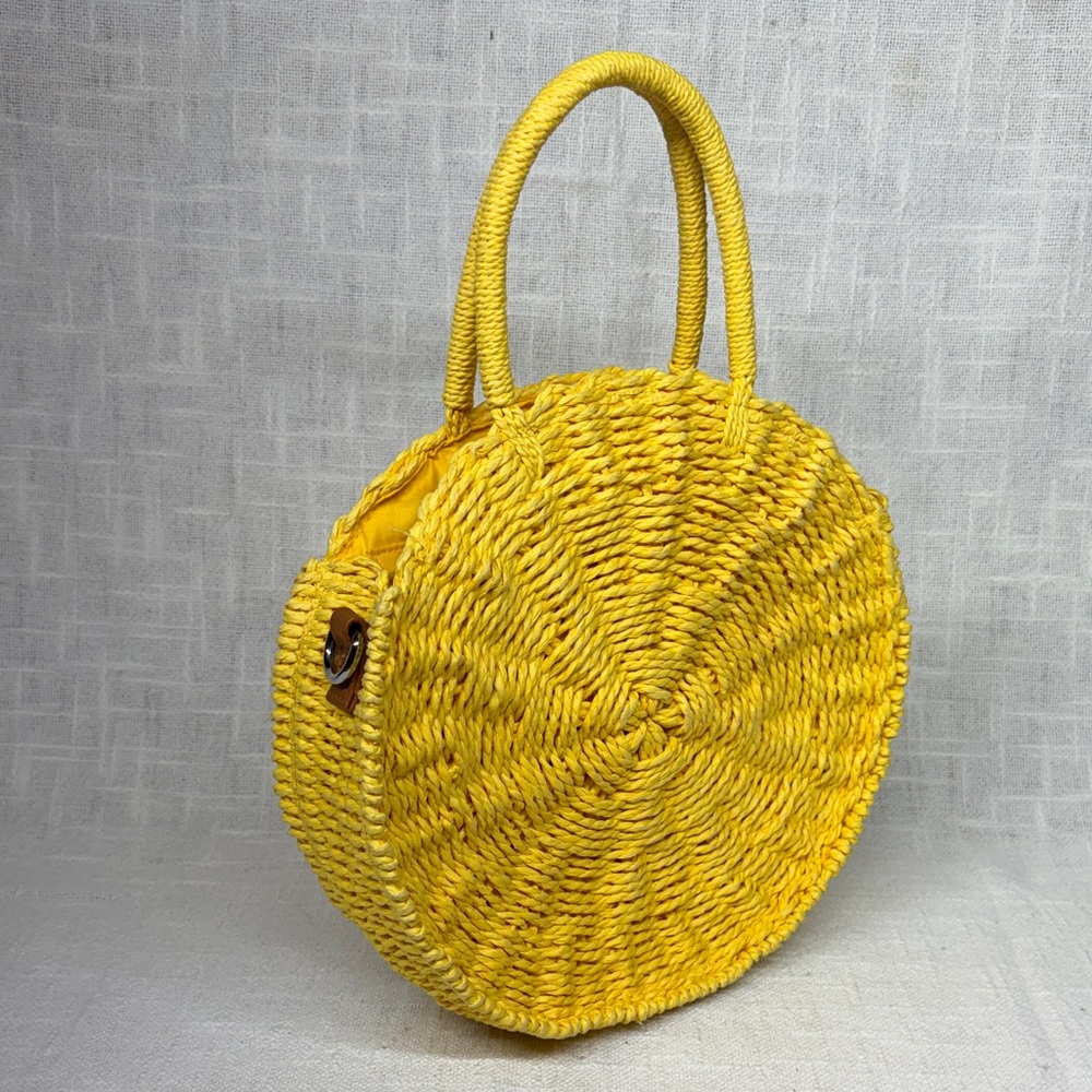 MMS Round Yellow straw Raffia Woven Handbag with zip closure and Top Handle - Picture 5 of 12